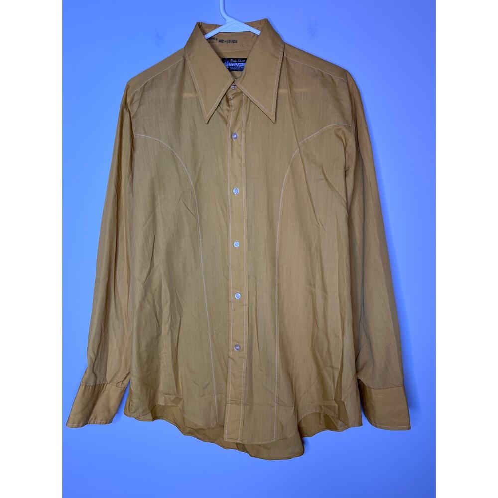 1970s Cromwell Court Permanent Press Mustard Yellow Disco Dagger Collar Shirt L